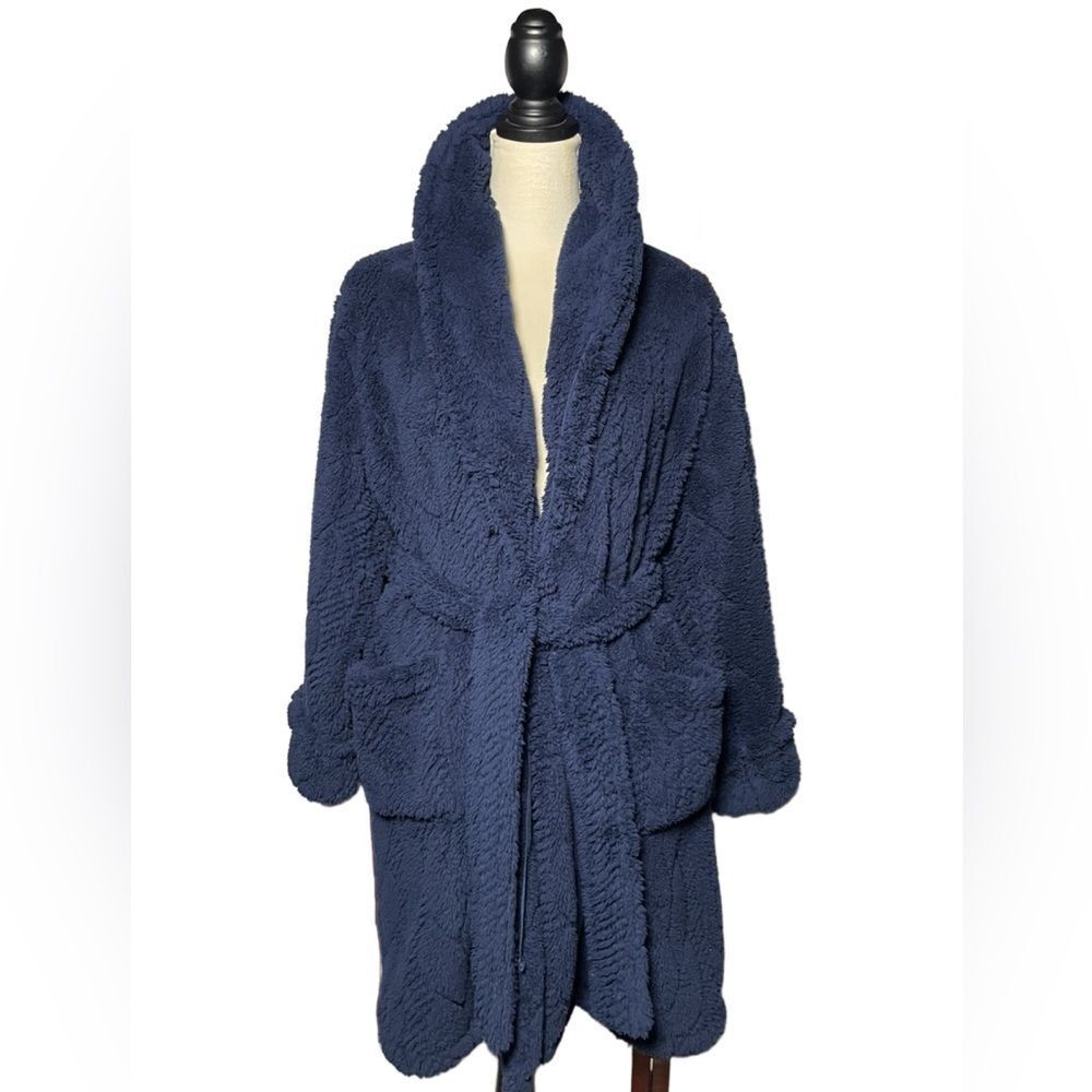 Sonoma Short Cozy Plush Navy Blue Fleece Wrap Robe with Pockets (Size: Small)